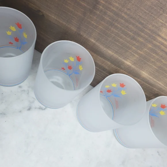 Vintage set of 4 MCM frosted glasses tulip good morning cups